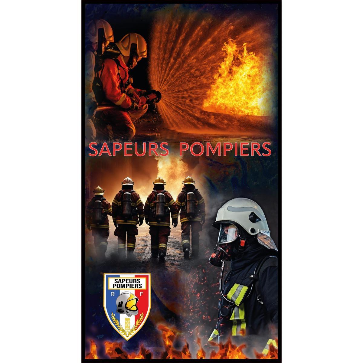 Torchon avec montage photo, des Pompiers en équipe et en intervention, sur des fond de flammes, de fumées, avec l'écusson en bas à gauche.