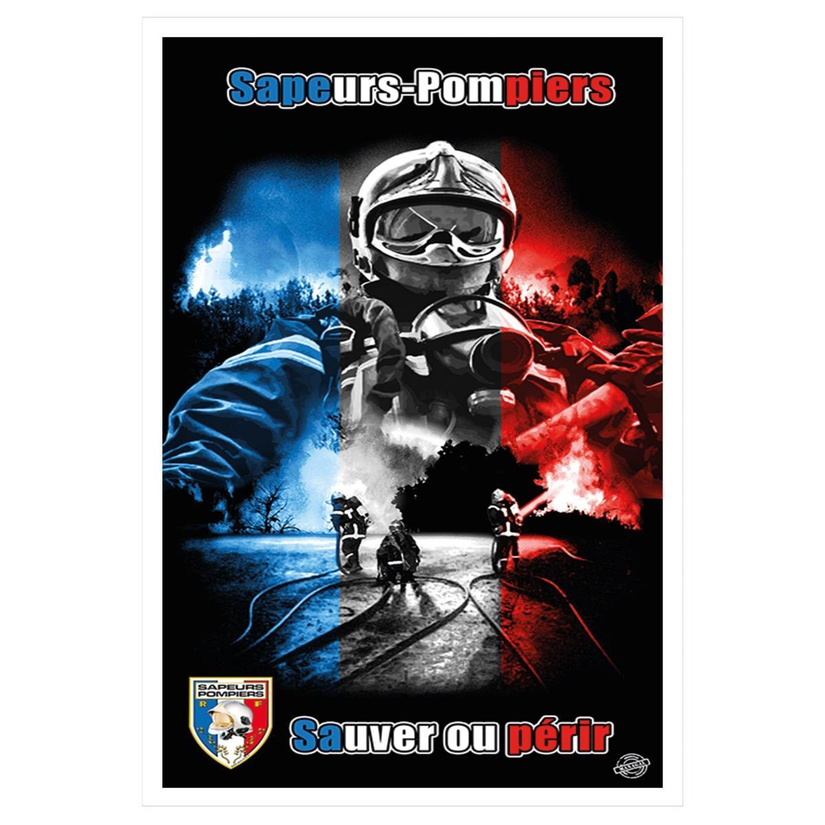 Torchon de sapeurs pompiers français. Une inscription en haut en bleu, blanc rouge : Sapeurs-pompiers. Un montage photo avec des pompiers en interventions et un drapeau français incrusté. Toujours au couleurs de la France en bas une inscription "Sauver ou périr". En bas à gauche, un écusson de sapeurs Pompiers Français. Le fond est noir, donnant de la gravité à l'image.