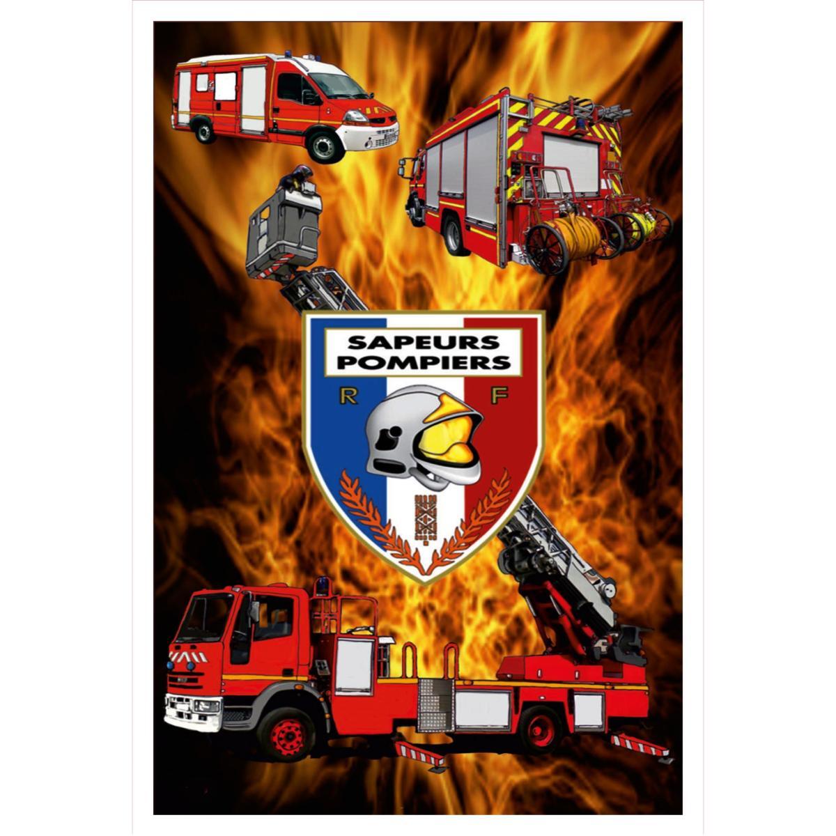 Un Torchon représentant 3 des camions les plus emblématiques des Sapeurs Pompiers, sur un fond de flammes, avec au milieu l'écusson des sapeurs pompiers français.