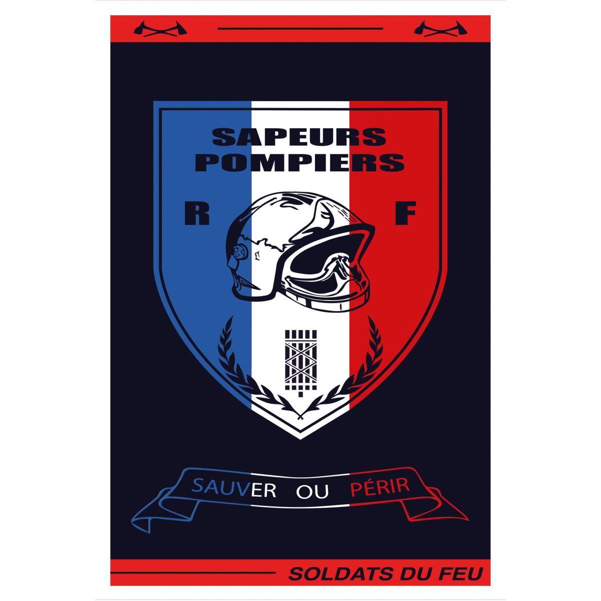 Un torchon aux couleurs française représentant un gros Écusson de Sapeurs Pompiers.