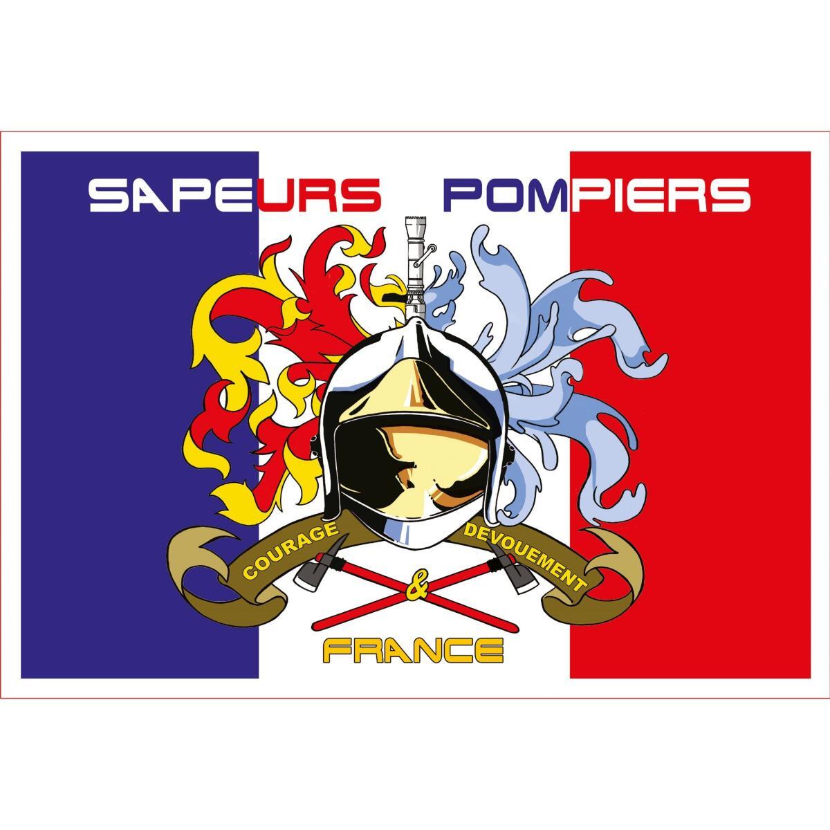 Drapeau français avec logo de casque super KITCH devant. Encore et toujours des pompiers.
