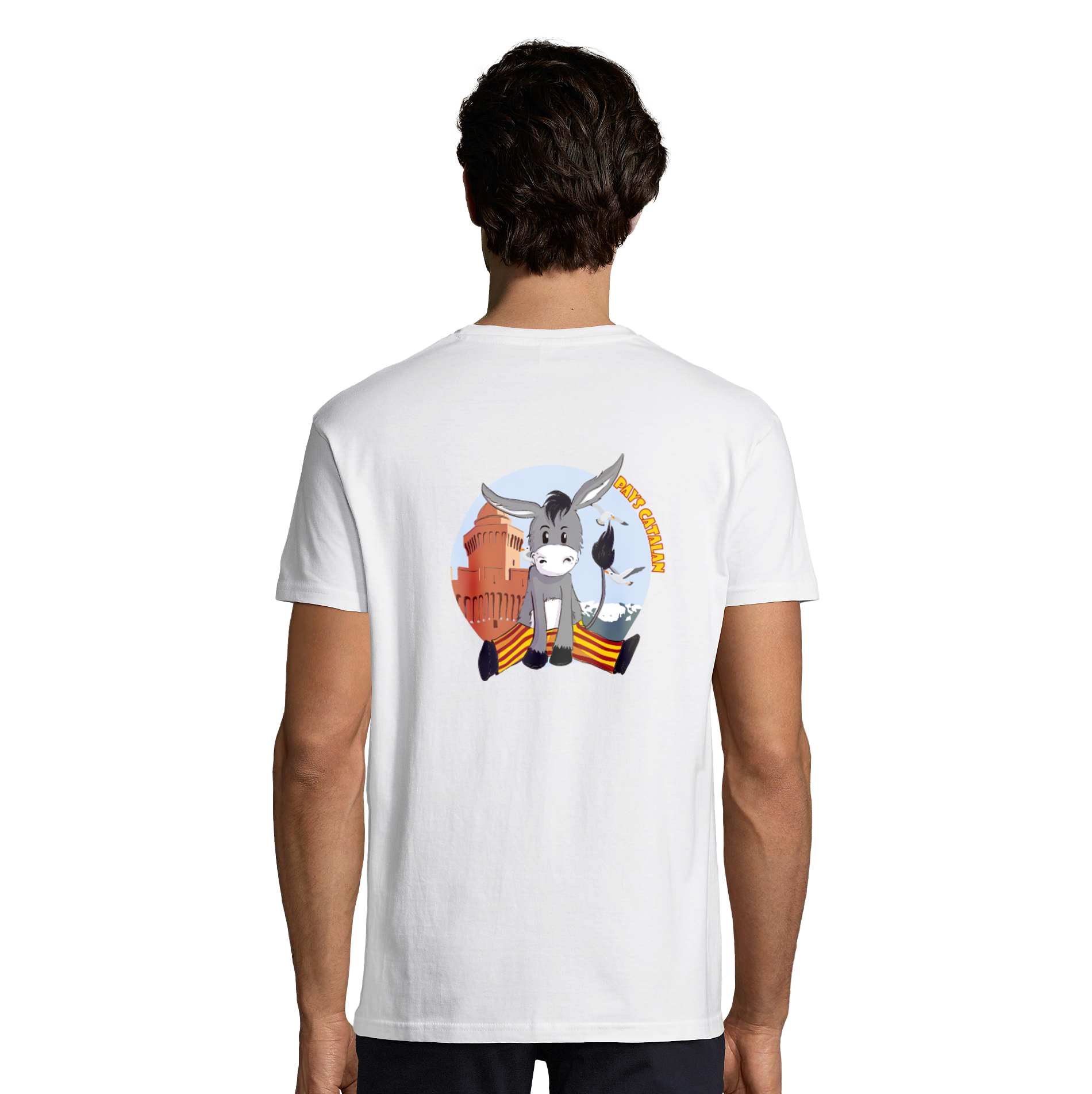 t-shirt imprimé avec un dessin d'Âne Catalan dans le dos, devant une simple écriture "Pays Catalan"