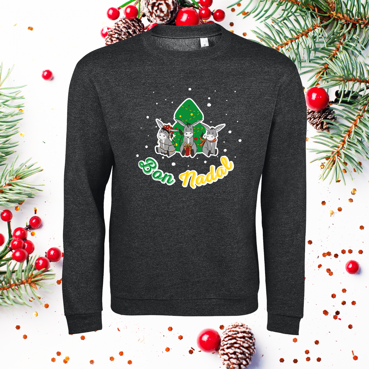 Sweat unisexe anthracite avec motif Ânes de Noël catalans – édition spéciale Noël