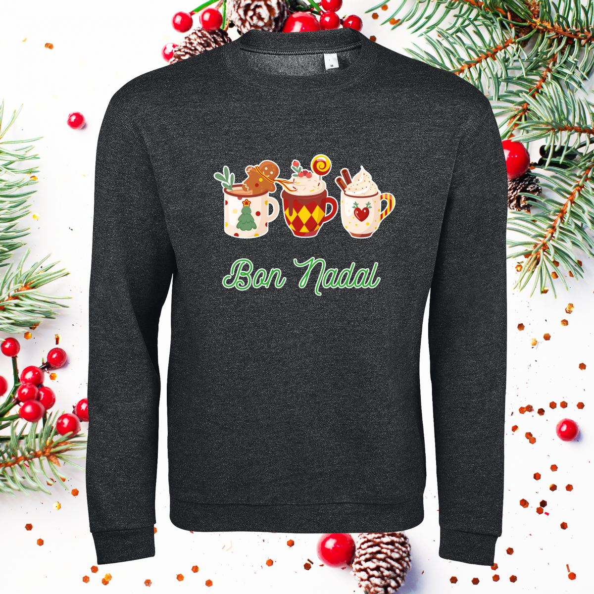 Sweat anthracite unisexe avec motif Tasses fumantes – ambiance Noël catalan