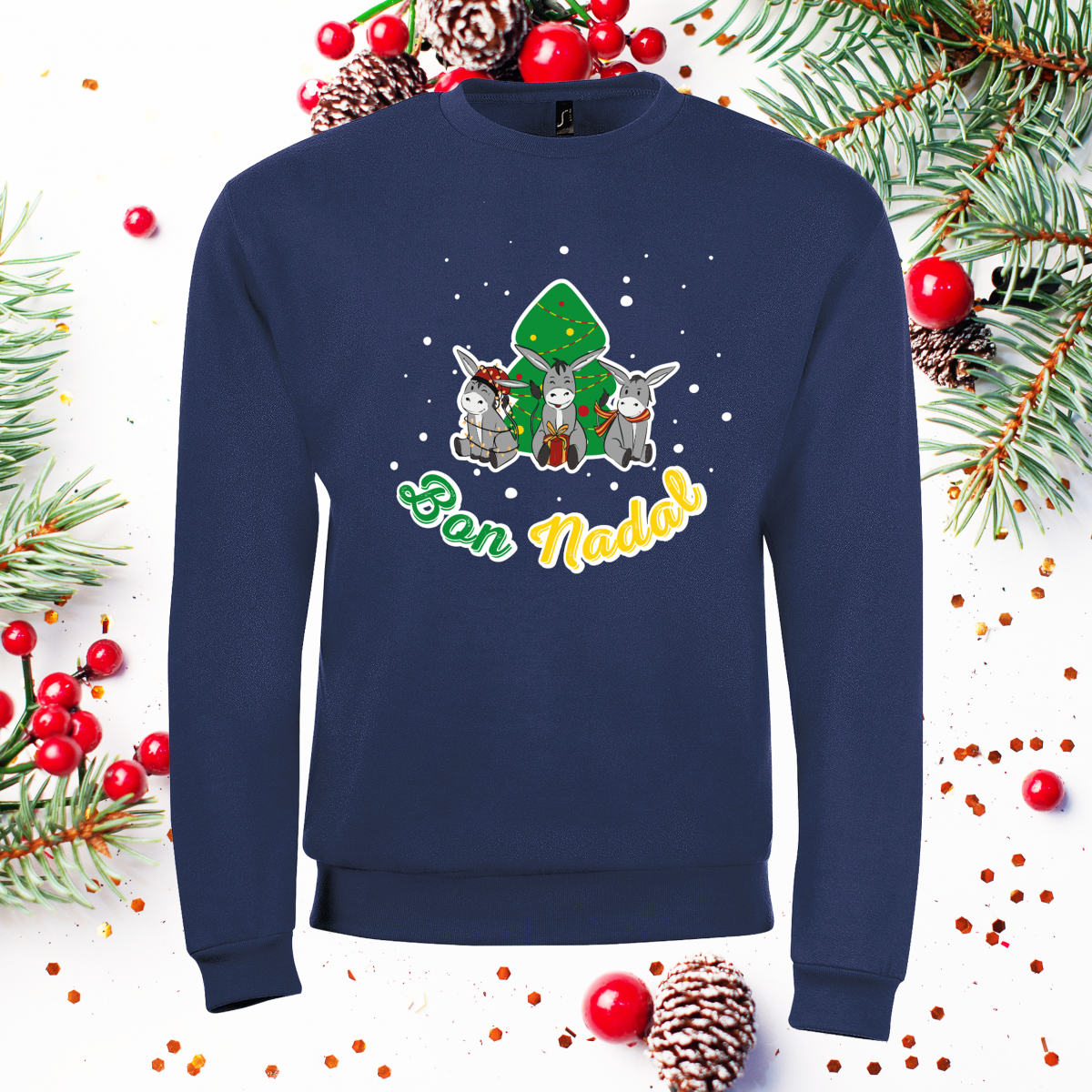Sweat bleu marine unisexe motif Ânes catalans pour Noël