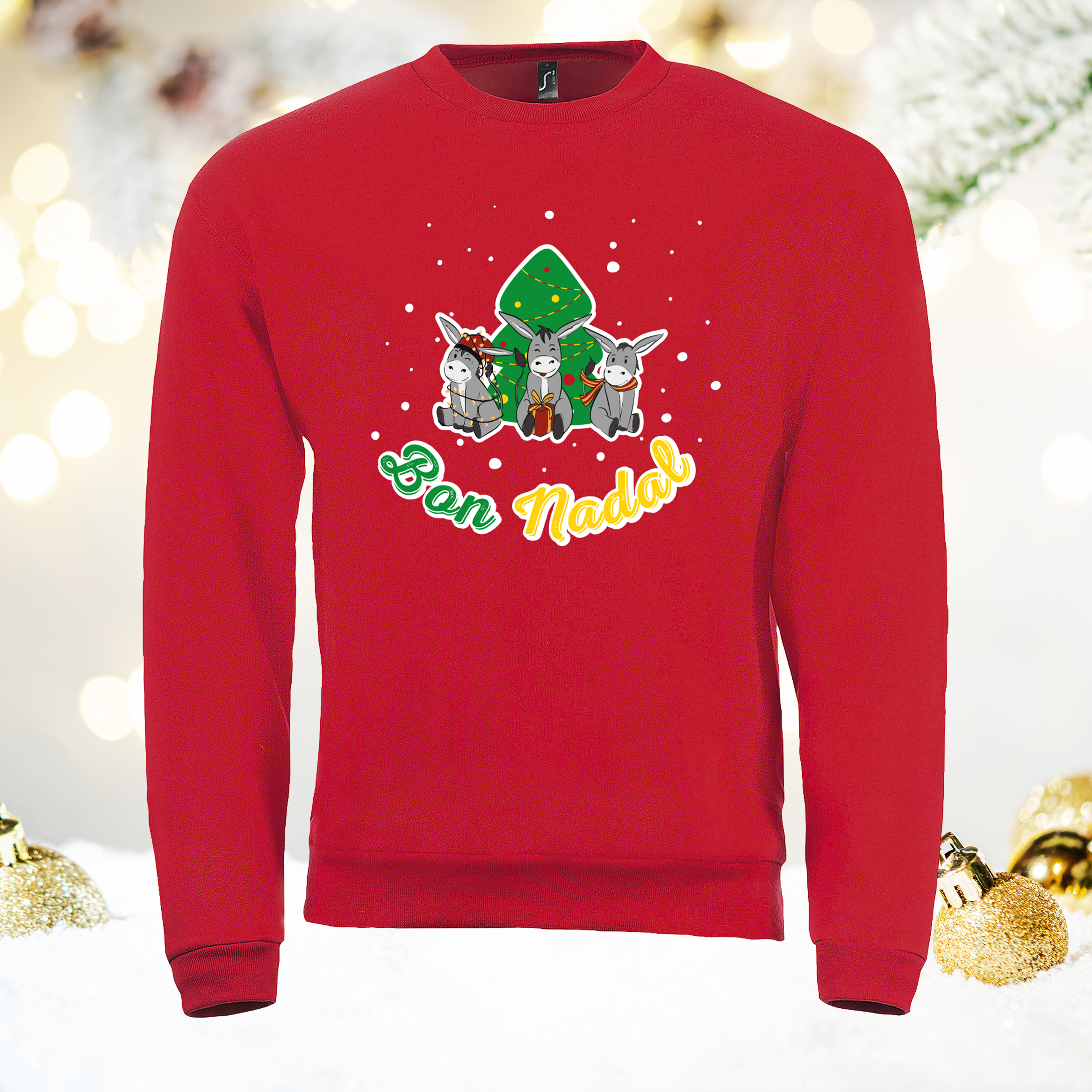 Sweat rouge de Noël avec motif Ânes catalans – édition festive