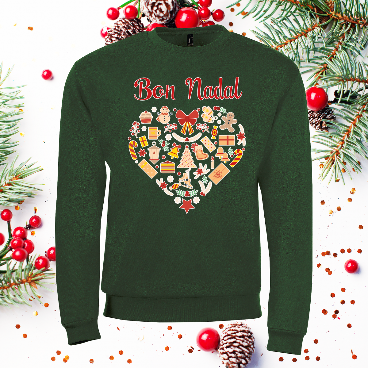 Sweat vert bouteille unisexe avec motif Cœur de Noël catalan