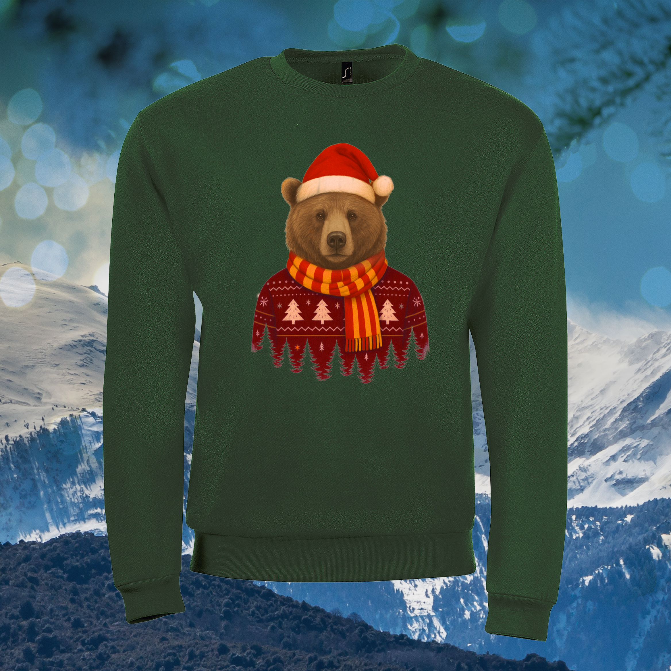 Sweat vert bouteille motif Ours des Pyrénées – édition Noël catalane