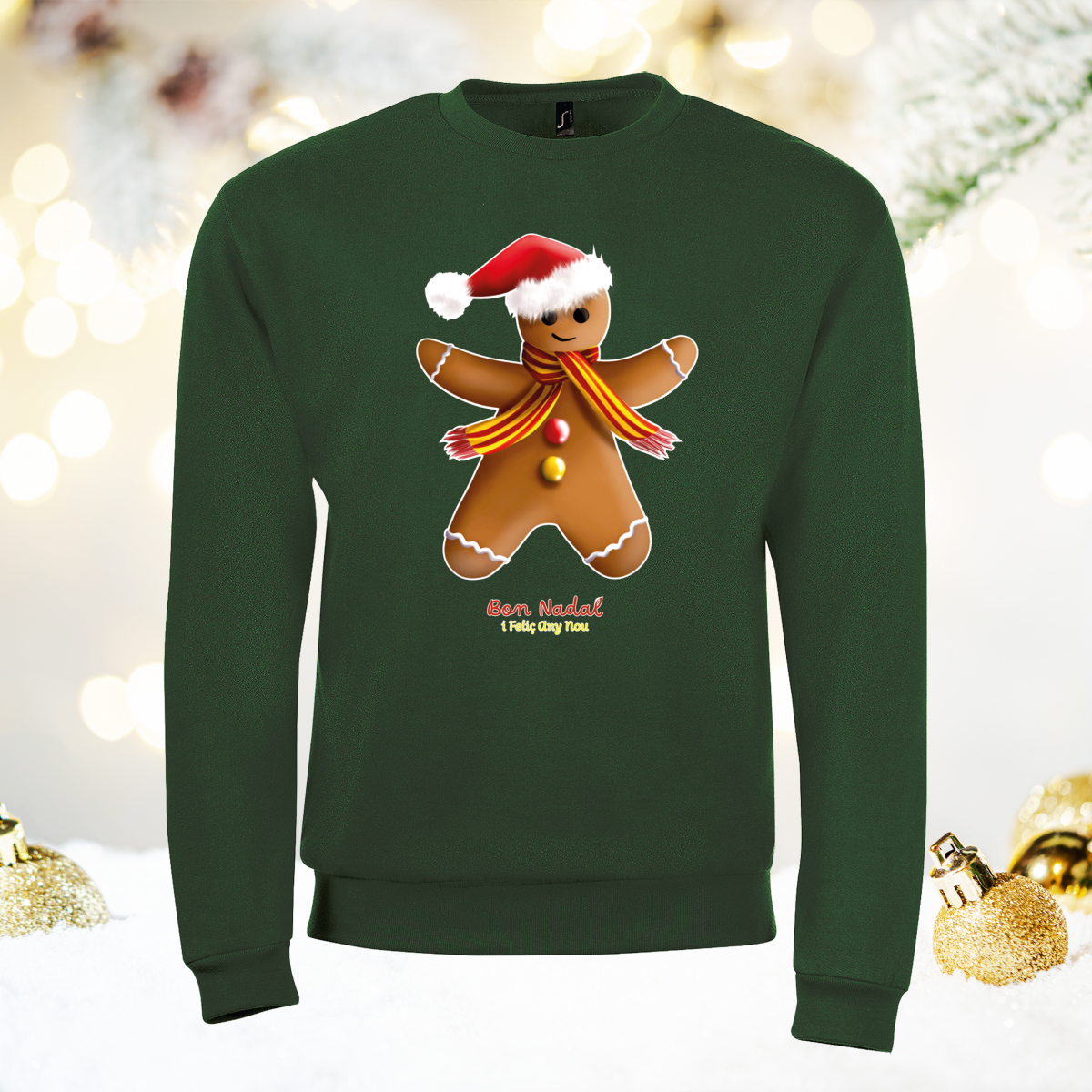 Sweat vert bouteille avec motif Pain d’Épices – design festif catalan