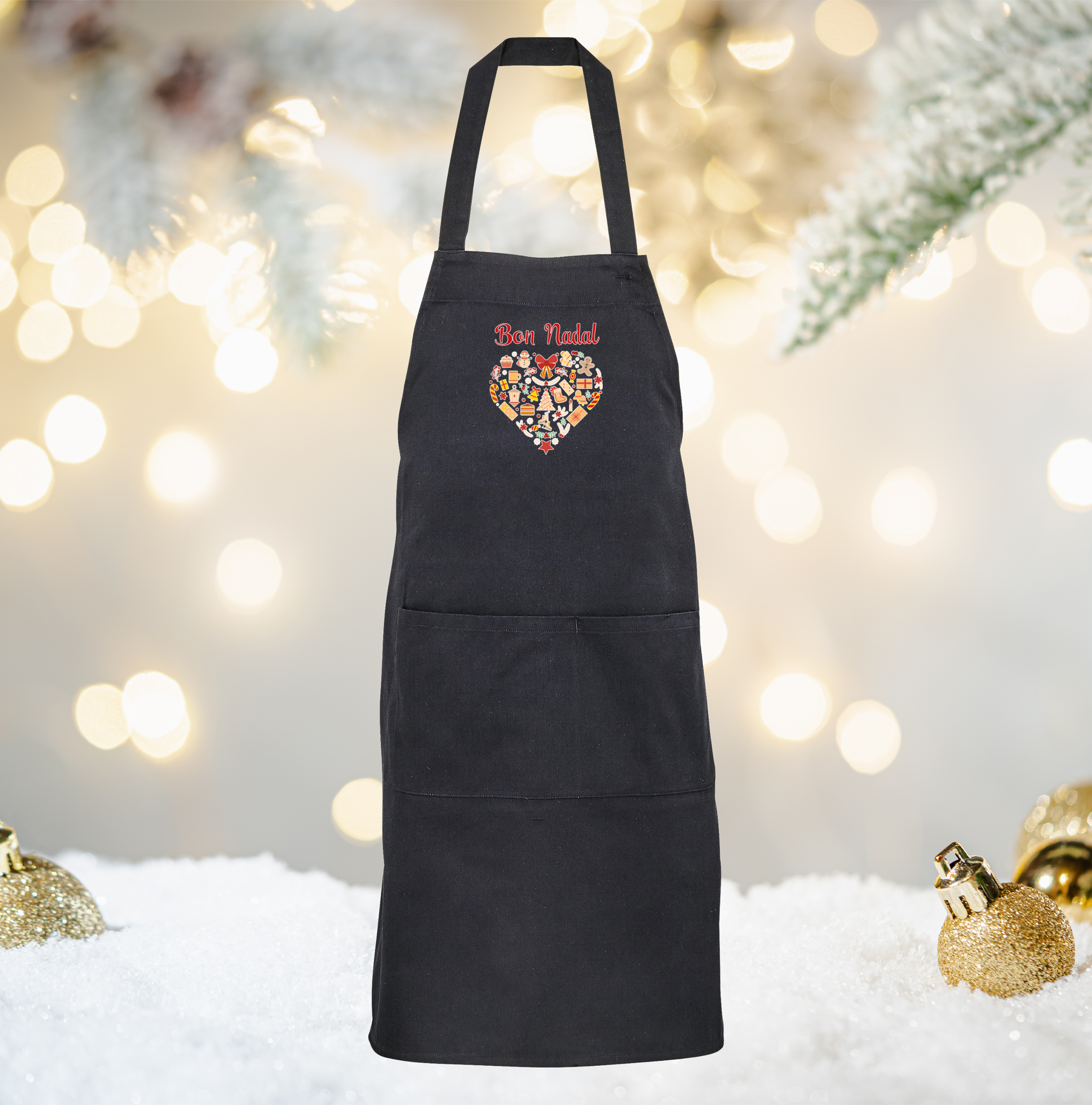 Tablier de cuisine noir épais motif Cœur Noël – modèle Gamma