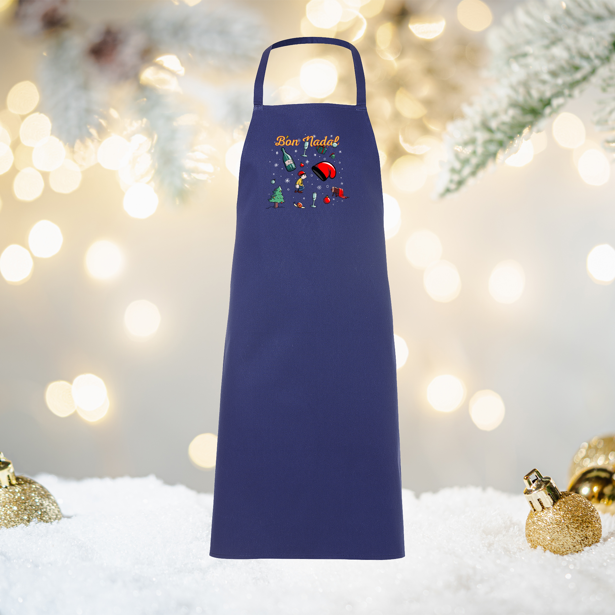 Tablier bleu motif Bon Nadal – tradition catalane pour les fêtes