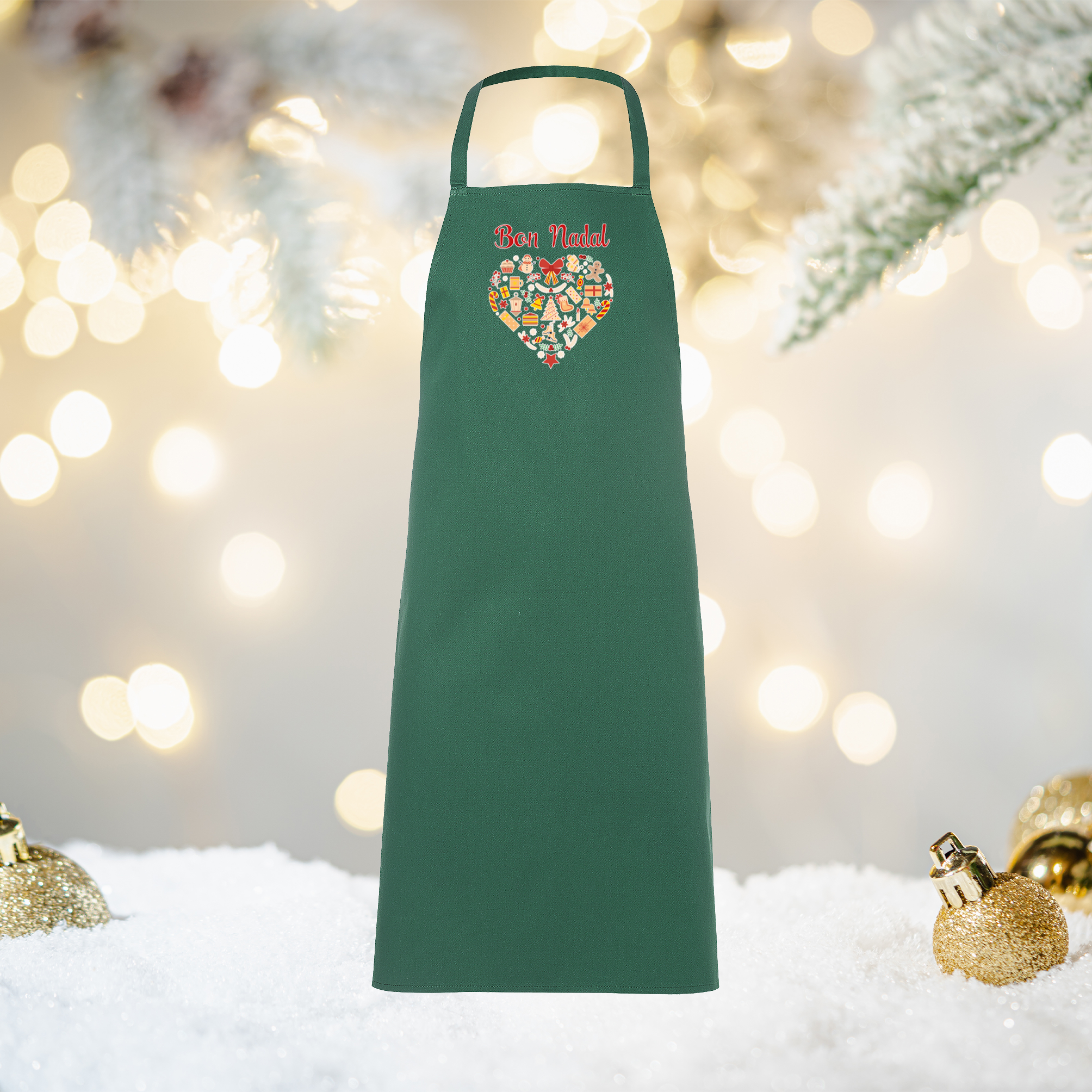 Tablier vert bouteille motif Cœur de Noël catalan – cuisine festive