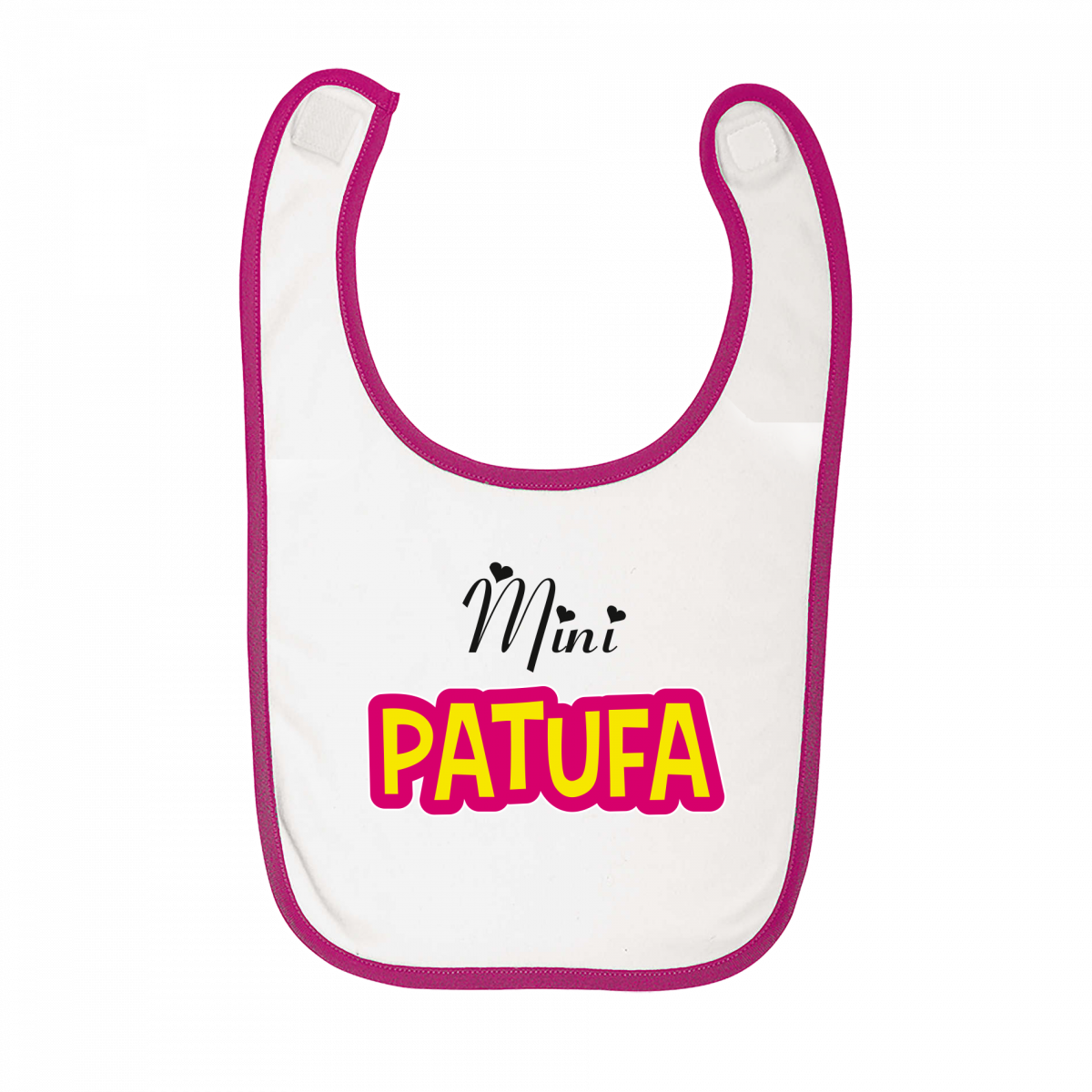 Bavoir Mini Patufa rose – bavoir bébé rose avec illustration de la version féminine de Patufet.