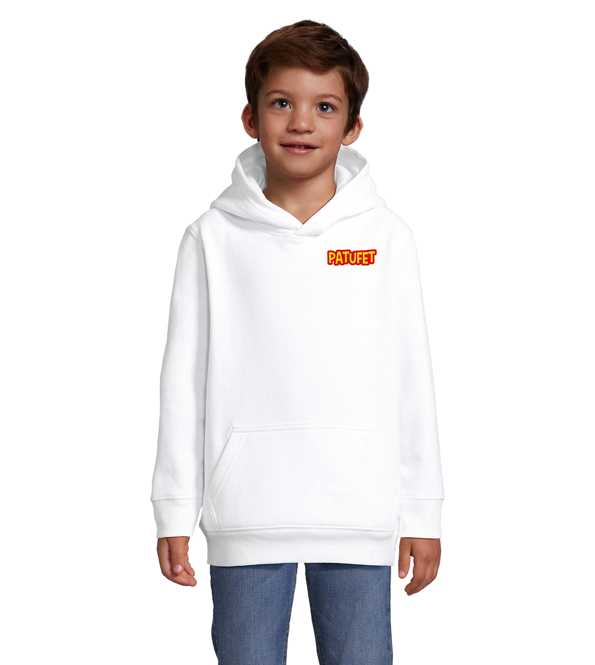 Sweat à capuche Patufet tête – sweat catalan unisexe fabriqué en France avec illustration du héros Patufet.