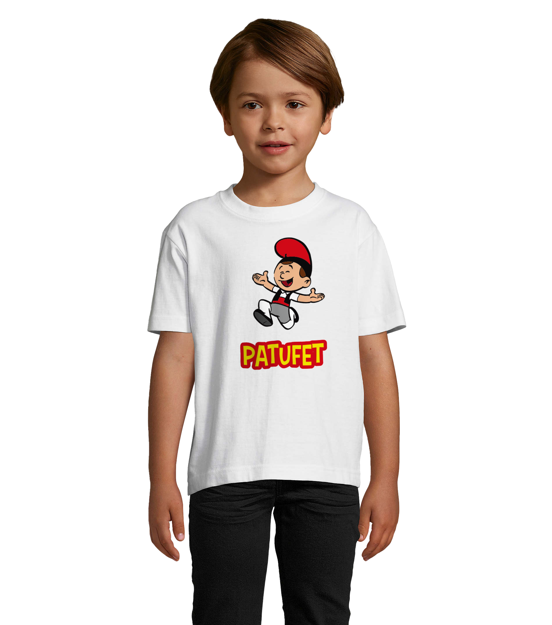 T-shirt Patufet personnage – t-shirt blanc illustré du héros catalan Patufet, création artisanale du Sud.