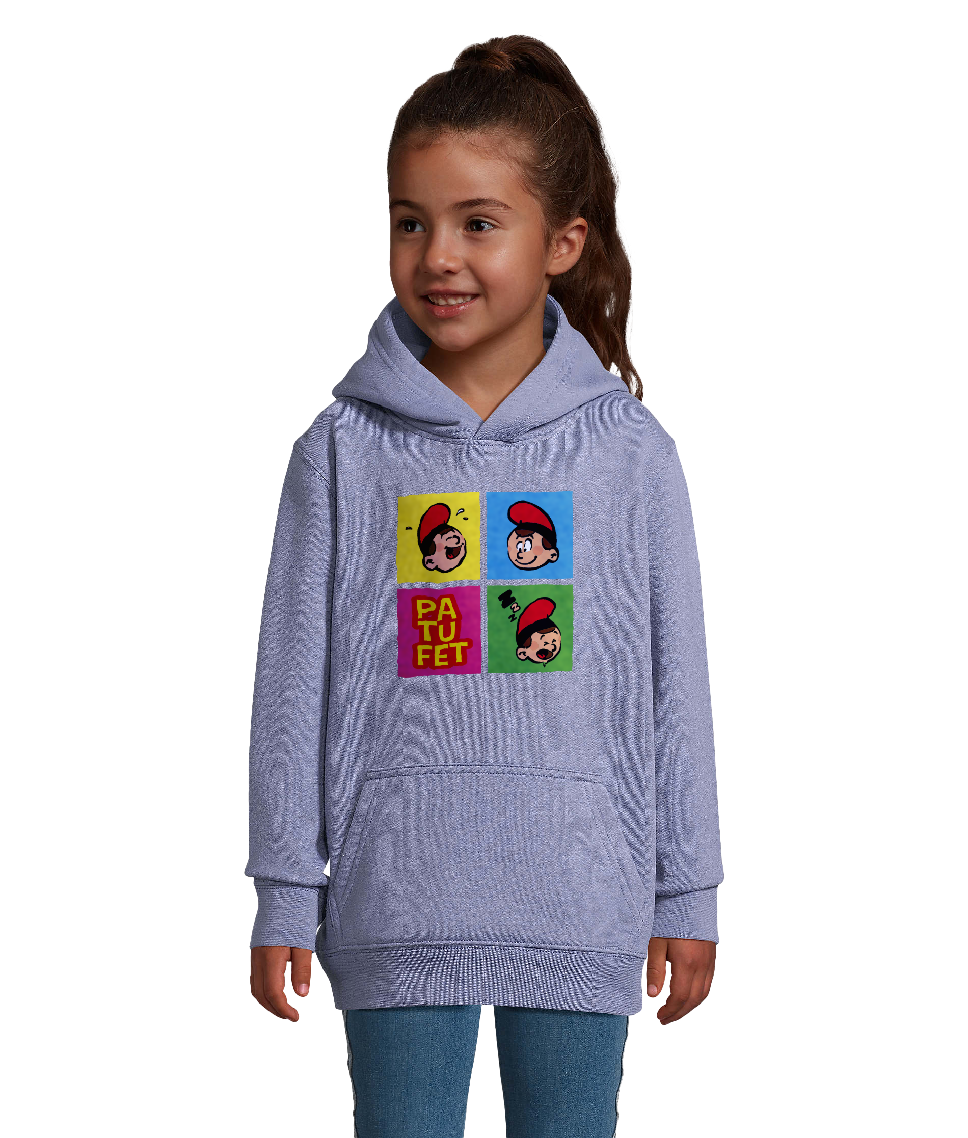 Sweat à capuche Patufet Humeurs Warhol – sweat catalan multicolore inspiré du Pop Art, avec portrait répété du héros Patufet.