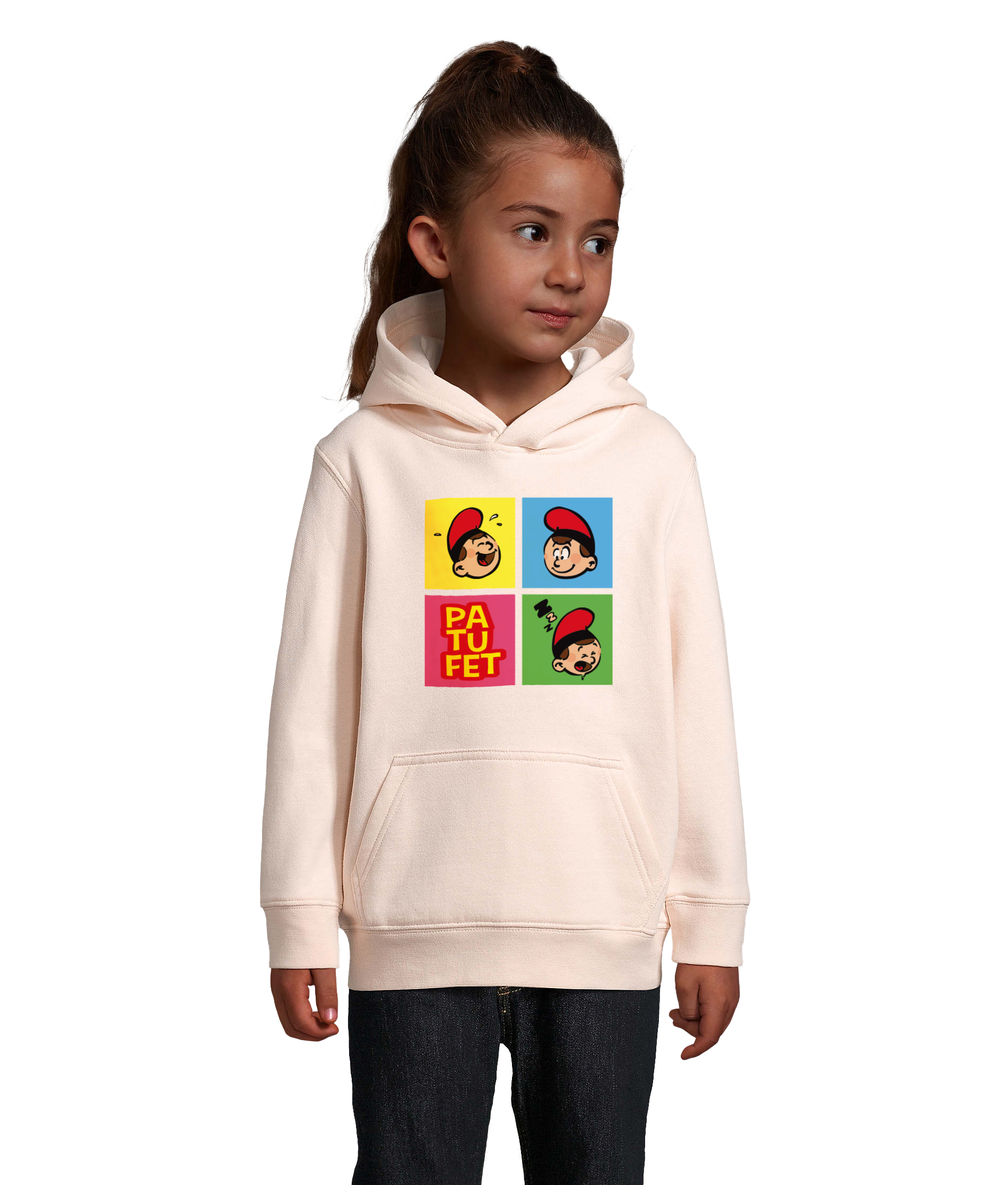 Sweat à capuche Patufet Humeurs Warhol – sweat catalan multicolore inspiré du Pop Art, avec portrait répété du héros Patufet.