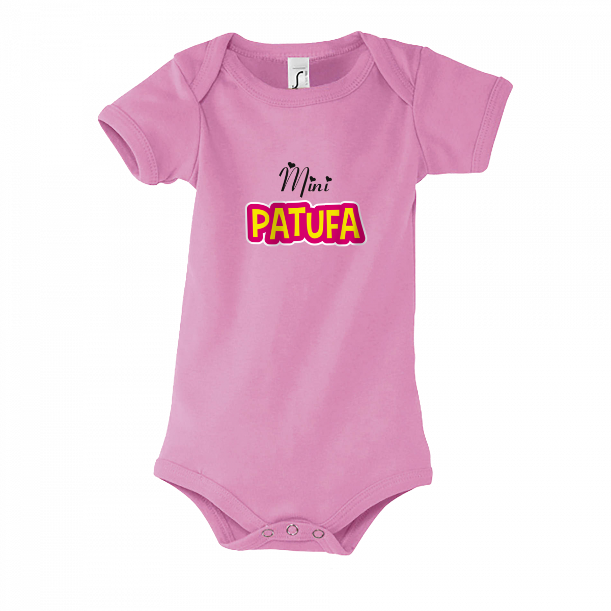 Body Mini Patufa rose – body catalan pour bébé fille avec illustration de Mini Patufa.